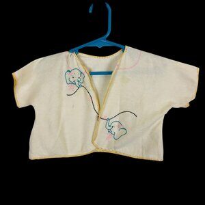 Vtg Baby Flannel Open Jacket Hand Embroidered Elephants Crocheted Edge Yellow